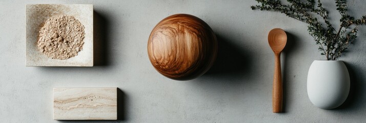 Poster - Minimal Zen Wellness Composition Organic Wooden Sphere and Powder Texture - Mindful Lifestyle Design, Sustainable Aesthetic for Holistic Living Spaces