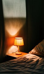 Poster - Soft Ambient Lighting and Cozy Minimalism Intimate Bedroom Sanctuary with Warm Table Lamp - Hygge-Inspired Sleep Wellness and Tranquil Home Styling