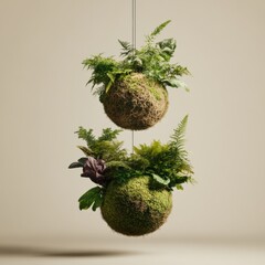 Aufkleber - Zen Botanical Innovation Suspended Kokedama Spheres Redefining Urban Interior Design with Minimalist Japanese-Inspired Organic Living Art