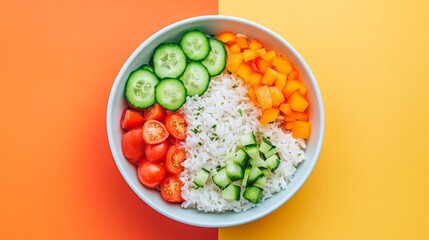Poster - A beautiful overhead view of a bowl of fried rice with various toppings, including sliced cucumber and tomatoes, creating a colorful and inviting composition.