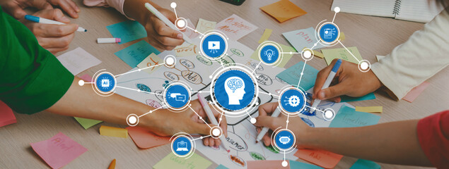 Poster - Professional startup group share creative marketing idea by using mind map. Young skilled business people brainstorm business plan while writing sticky notes. Focus on hand. Closeup. Variegated. Amity