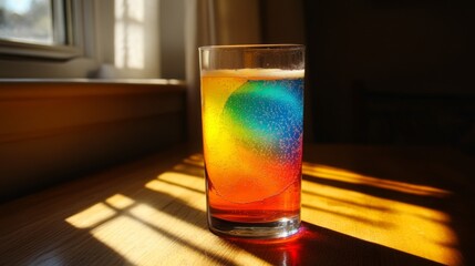 Poster - A close-up of a tall glass of colorful soda with vibrant bubbles, placed on a wooden table, with sunlight streaming through a nearby window.