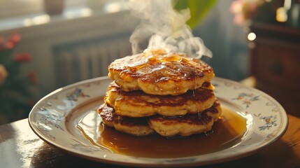 Poster - A close-up of golden-brown fried pancakes stacked high on a plate, with steam rising and a drizzle of syrup, evoking a cozy breakfast atmosphere.
