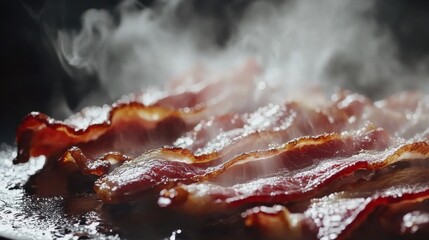 Poster - A close-up shot of bacon sizzling in a frying pan, with steam rising and a soft focus on the background, evoking a sense of comfort and warmth.