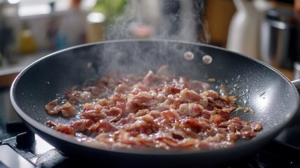 Poster - A close-up shot of bacon sizzling in a frying pan, with steam rising and a soft focus on the background, evoking a sense of comfort and warmth.