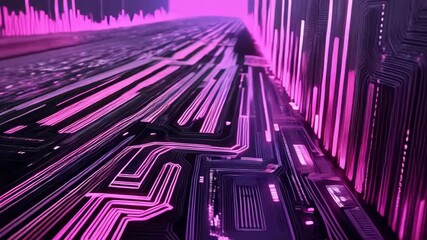 Fototapete - Close-up shot displays a digital circuit board with integrated connections and neon pink lighting on a dark background, suggesting technology and innovation.
