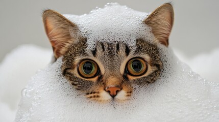 Poster - A dramatic close-up of a cats face covered in bubbles during bath time, with wide eyes and a curious expression, highlighting its playful personality.