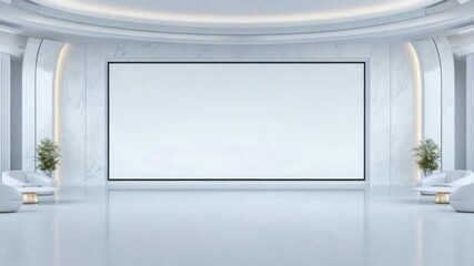 Poster - elegant modern interior with white marble walls and large blank screen for presentations or exhibiti