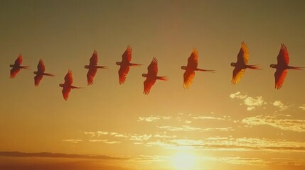 Poster - A flock of colorful parrots flying in formation against a stunning sunset, their feathers shimmering in the warm light of the evening sky.