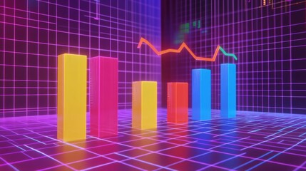 Poster - A futuristic financial D bar graph showing rising bars in bright colors, floating against a digital grid background with financial symbols.