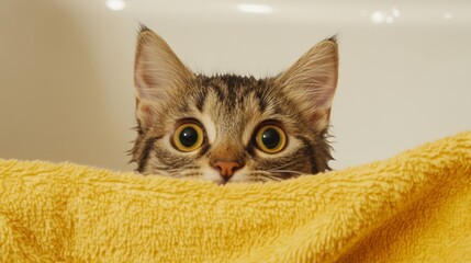 Poster - A heartwarming image of a cat peeking out from a bath towel, with only its head visible, showcasing the cozy aftermath of a refreshing bath.