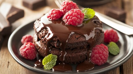 Poster - A luxurious chocolate dessert plated with a drizzle of raspberry sauce and garnished with mint leaves, showcasing a refined and indulgent culinary creation.