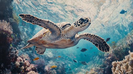 Poster - A majestic sea turtle gliding gracefully through crystal-clear turquoise waters, surrounded by colorful coral reefs and schools of fish, showcasing underwater beauty.