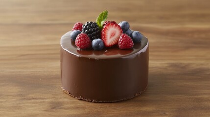 Poster - A rich, glossy chocolate cake topped with luscious ganache and fresh berries, beautifully presented on a wooden table, showcasing indulgence and elegance.