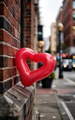 Poster - Red Heart Balloon Leaning Against Brick Wall in City Street Scene