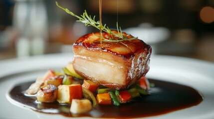 Poster - A slow-cooked pork belly presented with a glossy glaze, resting on a bed of sauted vegetables and drizzled with sauce for a gourmet touch.