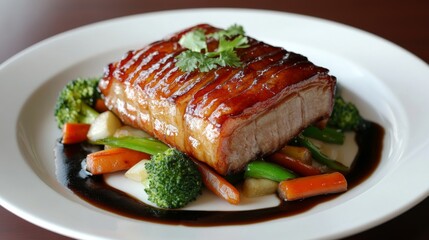 Poster - A slow-cooked pork belly presented with a glossy glaze, resting on a bed of sauted vegetables and drizzled with sauce for a gourmet touch.
