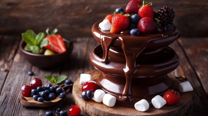 Poster - A stunning image of a chocolate fountain cascading with smooth, melted chocolate, surrounded by fresh fruit and marshmallows for dipping, inviting indulgence.