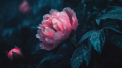 Poster - A stunning shot of a pink peony with sparkling water droplets, surrounded by lush green foliage, capturing the lushness and beauty of a garden after a rain shower.