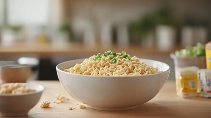 Poster - A stylish shot of instant noodles arranged on a table, with a soft focus on the background, showcasing the simplicity and enjoyment of this beloved dish.
