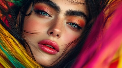 Aufkleber - A vibrant close-up of a woman with bold lip color and striking eye makeup, framed by her flowing hair, showcasing her artistic and confident expression.