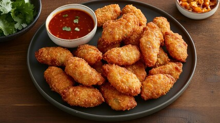 Poster - A vibrant plate of fried spring rolls, showcasing the golden-brown crispy exterior and served with a side of sweet chili sauce for dipping.