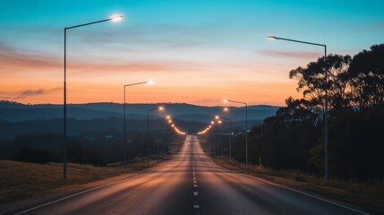 Aufkleber - Streetlights glowing on an empty city road at dawn, with the first hints of sunlight in the sky and a serene, quiet morning atmosphere.