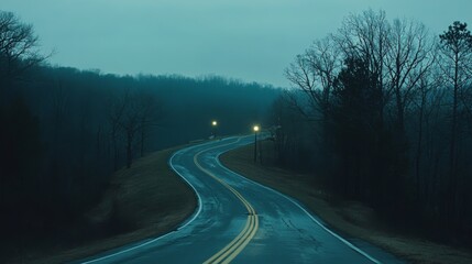 Aufkleber - A winding road in the countryside lit by scattered streetlights, with soft light falling on the trees and grass on a peaceful evening.