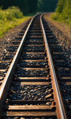 Poster - Close-up shot of a train track surrounded by trees, suitable for use in various context such as travel or infrastructure projects