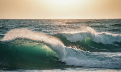 Poster - A person rides a surfboard on a large wave in the open ocean