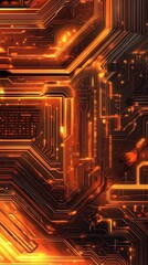 Fototapete - Abstract Circuit Board Design with Orange Glowing Light Trails and Intricate Details