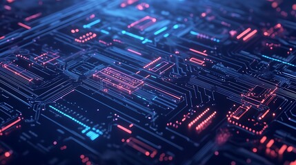Fototapete - Abstract Motherboard Circuitry with Glowing Red and Blue Lights Tech Background