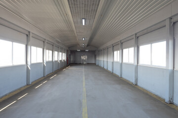 Poster - Long corridor with concrete floor. Path to elevator inside building. Corridor with windows on walls. Covered overpass interior. Corridor-gallery with yellow markings on concrete floor