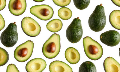 Poster - Avocados halved and arranged on a white background, great for food or still life photography
