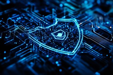 Poster - Glowing Blue Shield Icon Amidst Futuristic Circuit Board Design Concept