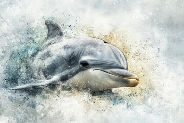 Wall Mural - Playful Dolphin Swimming Through Ocean Waves in Soft Watercolor Style