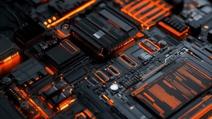 Fototapete - Detailed close up shot of a computer motherboard illuminated with orange lights and visible circuit components.