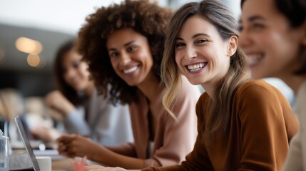 Aufkleber - A group of four happy multi-ethnic business women is having a productive meeting in a bright, contemporary office. They are engaged in discussion, showcasing teamwork and camaraderie