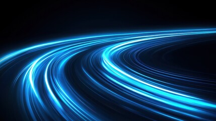 Poster - Abstract blue light speed lines background, fast moving in curved path with motion blur effect. Digital technology concept