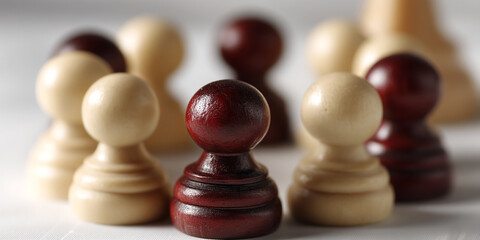 Fototapete - Close-up of dark red pawn surrounded by beige pawns, creating a game strategy concept, symbolizing leadership, competition, or decision-making