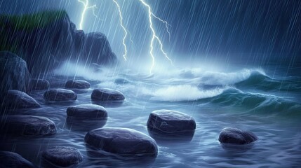 A peaceful rocky shoreline illuminated by flickering lightning
