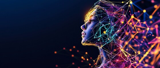 Poster - Colorful, geometric portrait of a woman's profile, embedded within a network of glowing lines and nodes