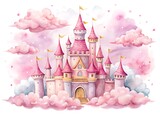 fairy princess castle hand drawn watercolor illustration set print textile background 