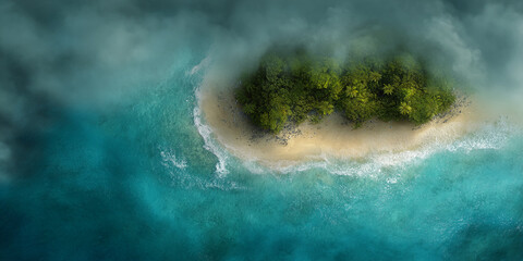 Poster - Aerial view of a tropical island, showing sandy beach, lush green vegetation, and turquoise ocean waves, creating a serene and idyllic scene perfect for travel or nature concepts