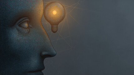 Poster - Profile of textured head, illuminated lightbulb nearby, symbolizing idea generation, innovation, and creative thinking, suitable for business or technology concepts, free space available
