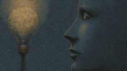 Poster - Gold-toned brain-shaped lightbulb near profile of textured face, symbolizing idea generation, innovation, and intelligence.  Free space available.