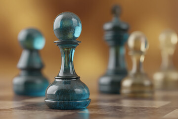 Poster - Close-up of a teal glass chess pawn on a board, other blurred pieces in background, showcasing strategy, competition, or leadership concept