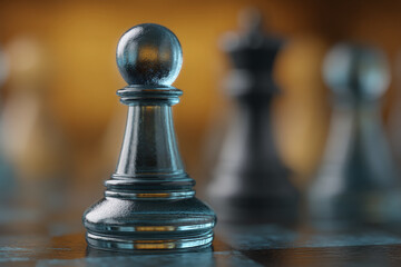 Fototapete - Close-up of glass chess pawn, dark-blue tint, reflecting light, showcasing strategic thinking, competition, leadership, and planning concepts