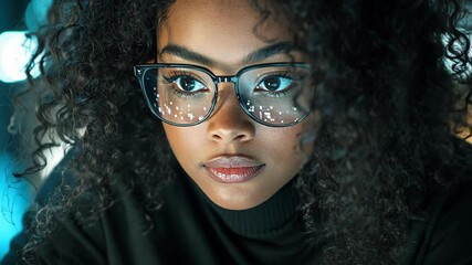 Focused woman coding at night on her laptop