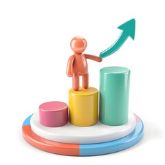 Poster - Animated figure on colorful bar graph signifies upward trend.